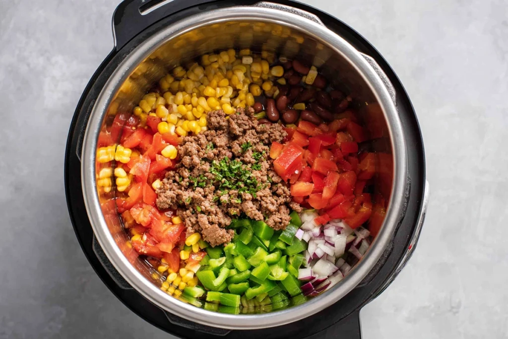 Slow cooker nacho soup ingredients added to the slow cooker before cooking