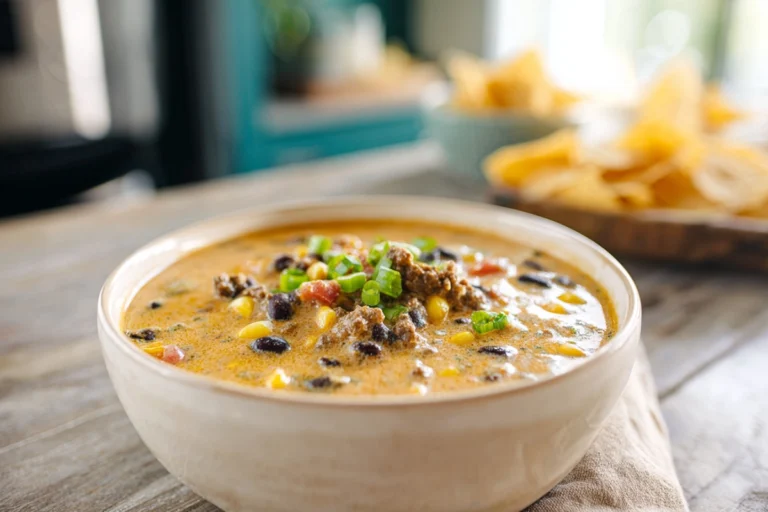 Slow cooker nacho soup served warm and creamy in a modern bowl