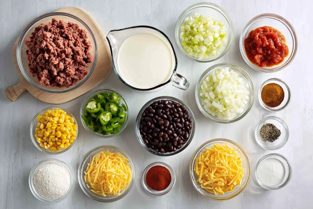 Ingredients for slow cooker nacho soup arranged overhead on a kitchen counter