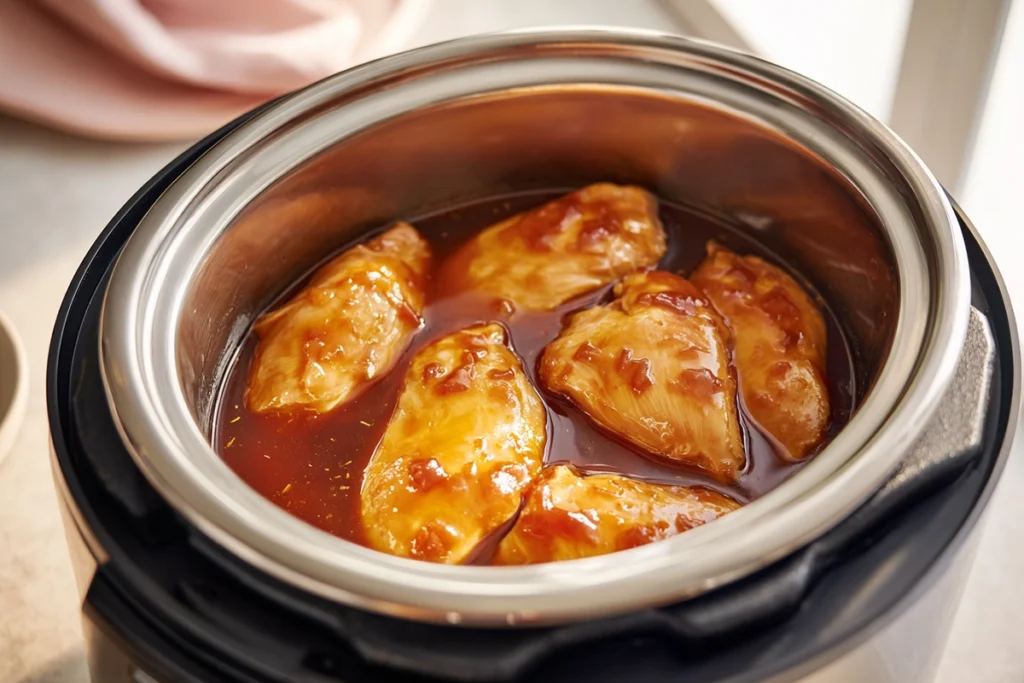 slow cooker tropical pulled chicken before cooking with sauce