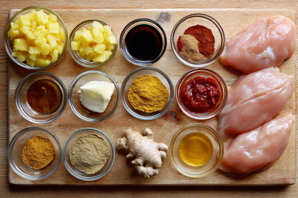 ingredients for slow cooker tropical pulled chicken arranged overhead
