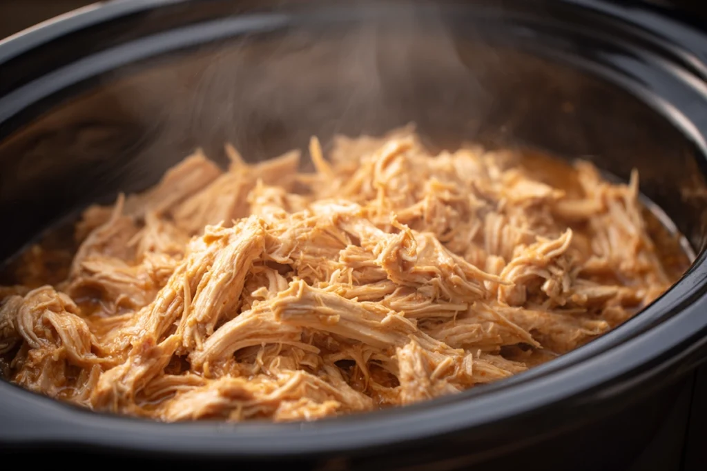 slow cooker tropical pulled chicken shredded and saucy