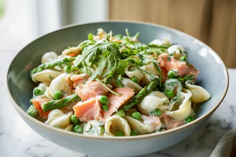 Creamy smoked salmon pasta salad with arugula, peas, and asparagus in a bright kitchen