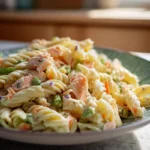 smoked salmon pasta salad recipe served on a modern ceramic plate