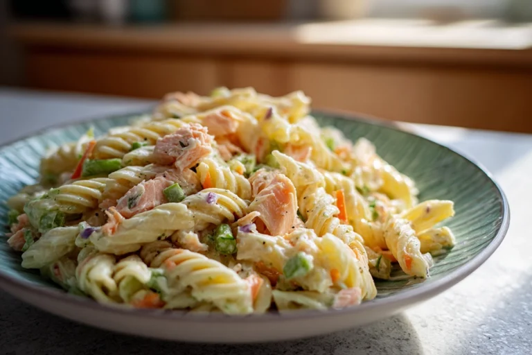 smoked salmon pasta salad recipe served on a modern ceramic plate