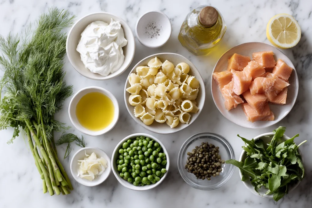 Smoked Salmon Pasta Salad: Cool, Creamy, and Built for Summer Heat 7 Ingredients for smoked salmon pasta salad arranged on marble counter