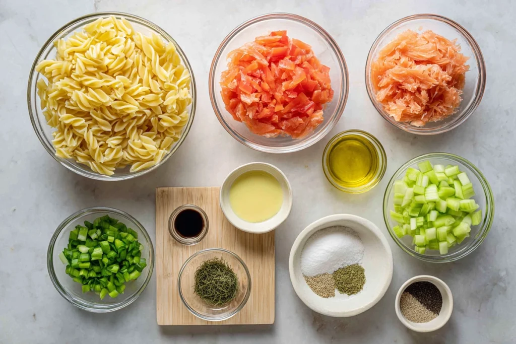 ingredients for smoked salmon pasta salad recipe arranged overhead