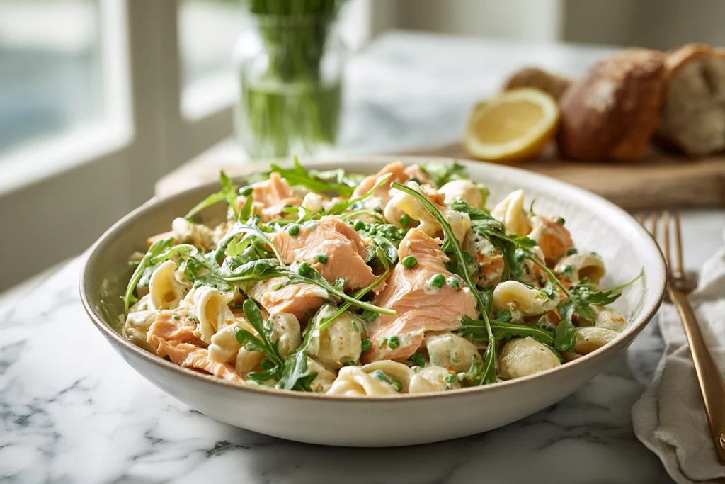 Smoked Salmon Pasta Salad: Cool, Creamy, and Built for Summer Heat 10 Smoked salmon pasta salad served with lemon wedges and bread