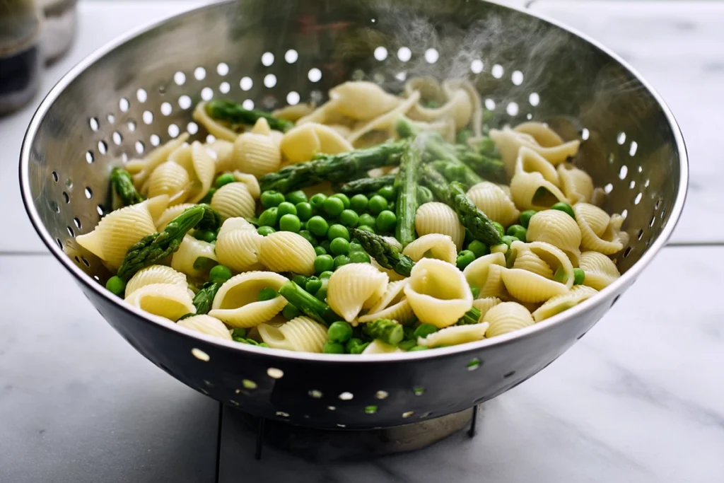 Smoked Salmon Pasta Salad: Cool, Creamy, and Built for Summer Heat 8 Cooked pasta, peas, and asparagus draining for smoked salmon pasta salad