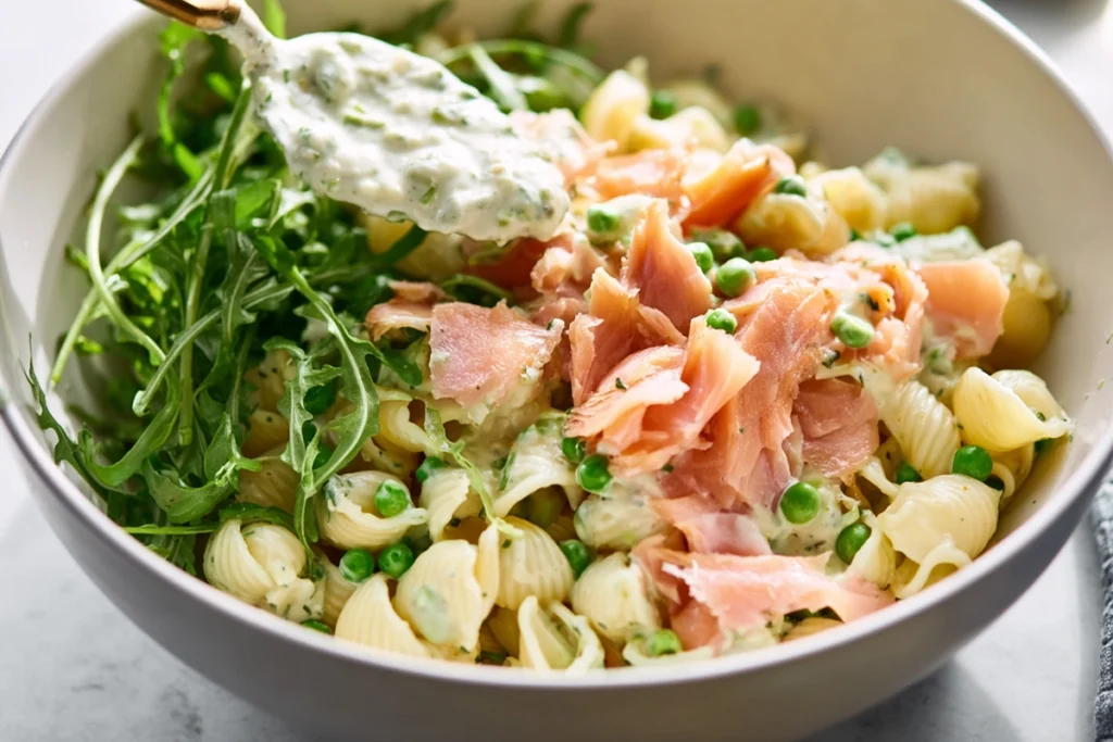 Smoked Salmon Pasta Salad: Cool, Creamy, and Built for Summer Heat 9 Smoked salmon pasta salad being gently tossed with creamy dressing