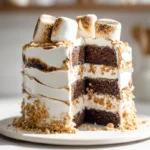 homemade s’mores cake with chocolate layers marshmallow frosting and graham cracker crumble