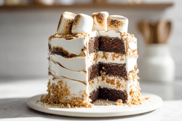 homemade s’mores cake with chocolate layers marshmallow frosting and graham cracker crumble