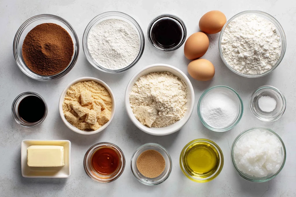 All ingredients needed to make a classic s’mores cake, measured and ready to use.