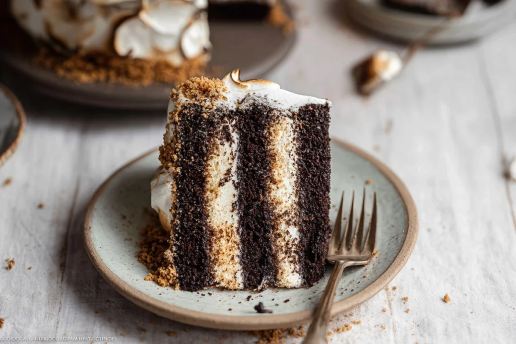 slice of s’mores cake showing chocolate marshmallow and graham layers