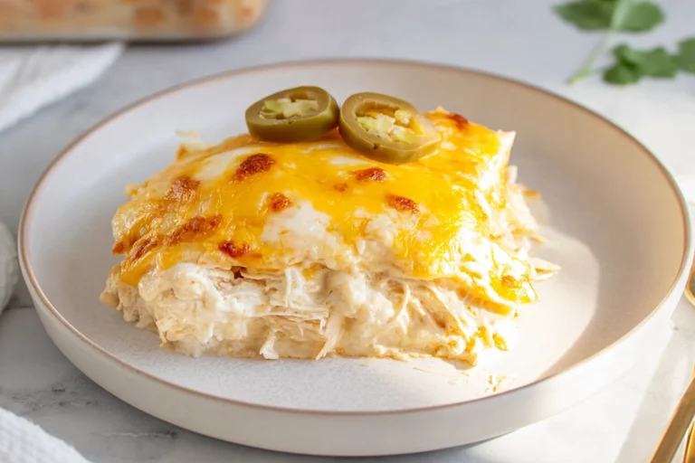 Sour cream chicken enchilada casserole plated fresh from the oven