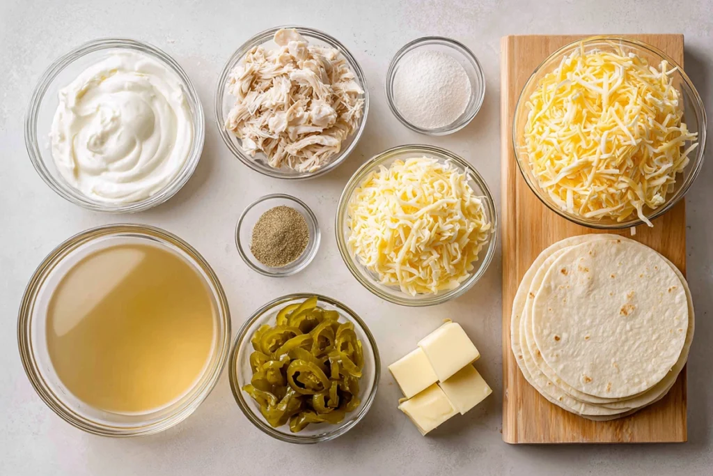 Ingredients for sour cream chicken enchilada casserole arranged overhead