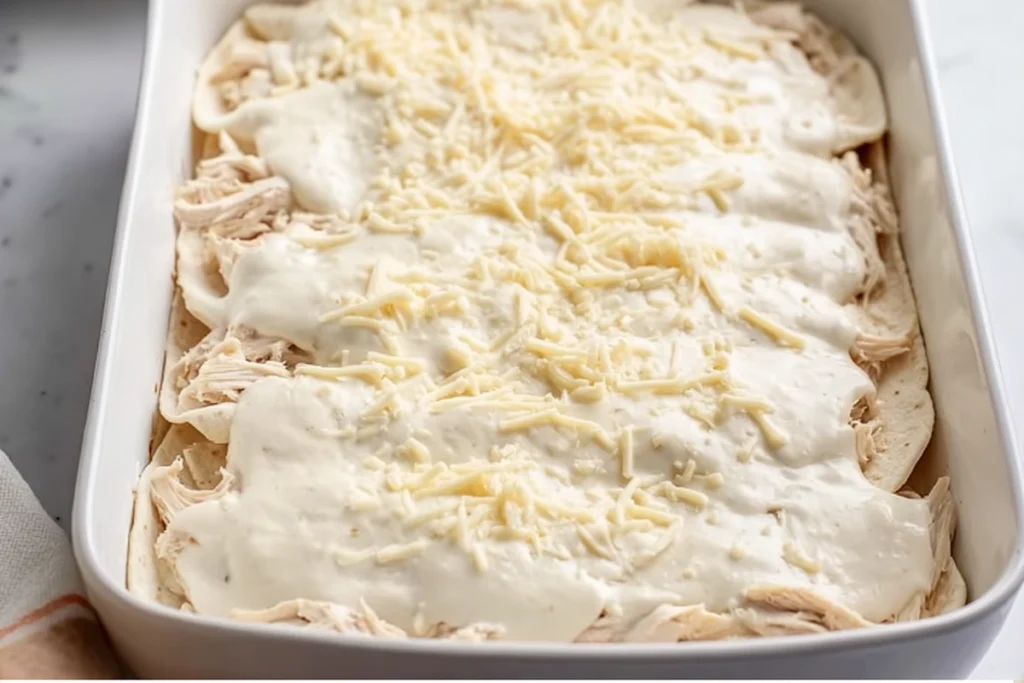 Layering sour cream chicken enchilada casserole before baking