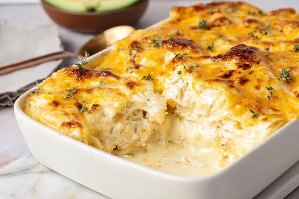 Freshly served sour cream chicken enchilada casserole with creamy layers