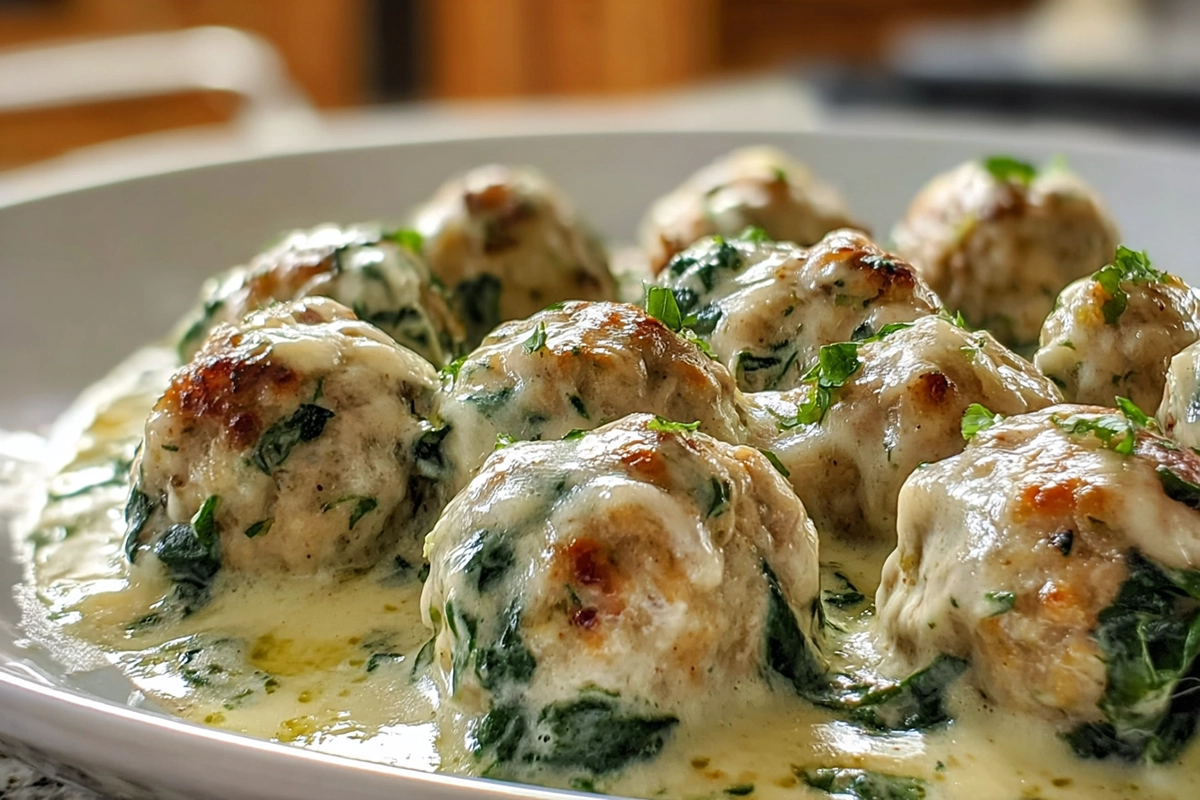 southern style baked chicken ricotta meatballs served in creamy spinach Alfredo sauce