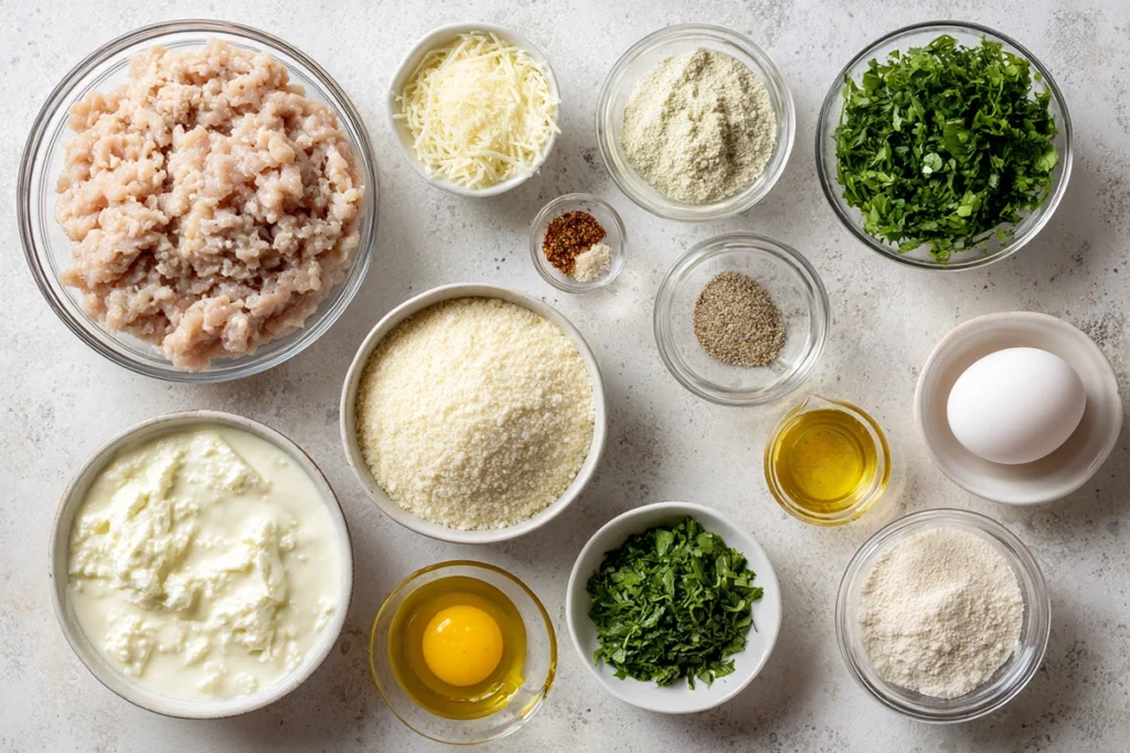 ingredients for southern style baked chicken ricotta meatballs arranged overhead