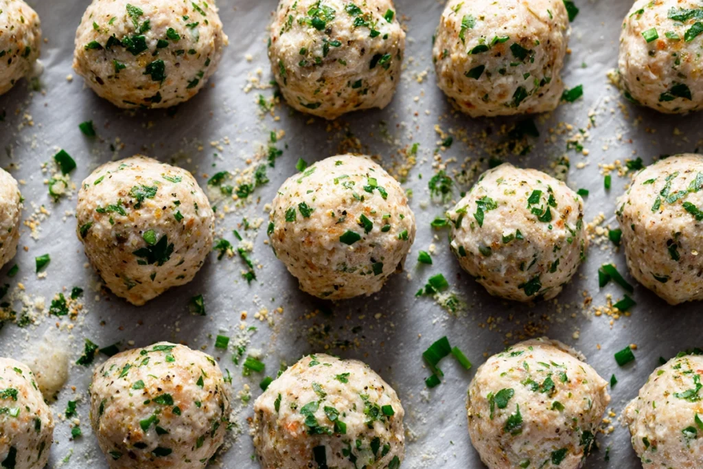 southern style baked chicken ricotta meatballs with spinach alfredo sauce Meatballs on Baking Sheet
