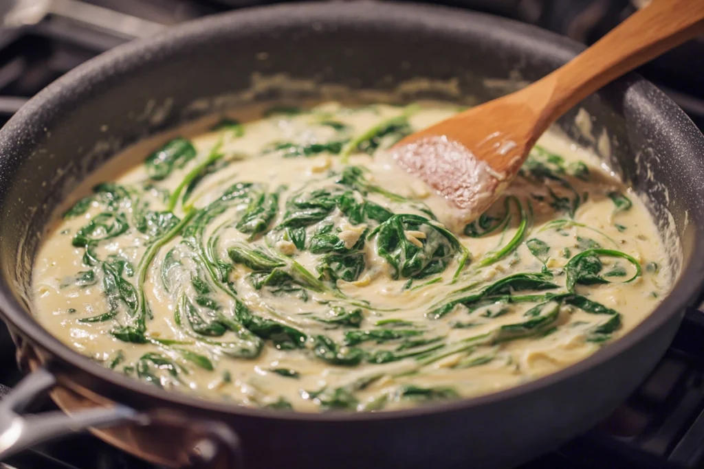 southern style baked chicken ricotta meatballs with spinach alfredo sauce Spinach Alfredo Sauce in Skillet