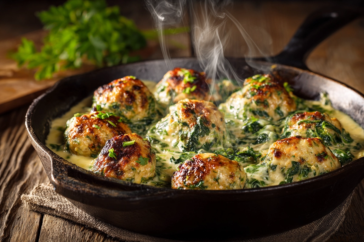 southern style baked chicken ricotta meatballs with spinach alfredo sauce