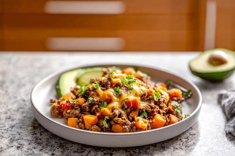 Southwest ground beef sweet potato skillet served warm on a ceramic plate