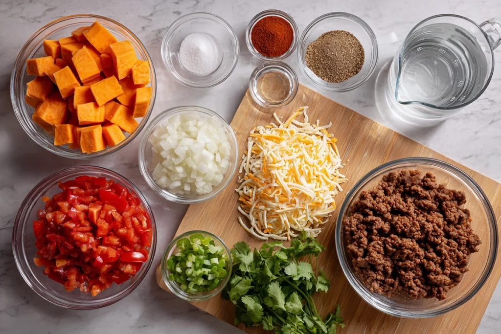 Ingredients for southwest ground beef sweet potato skillet arranged overhead