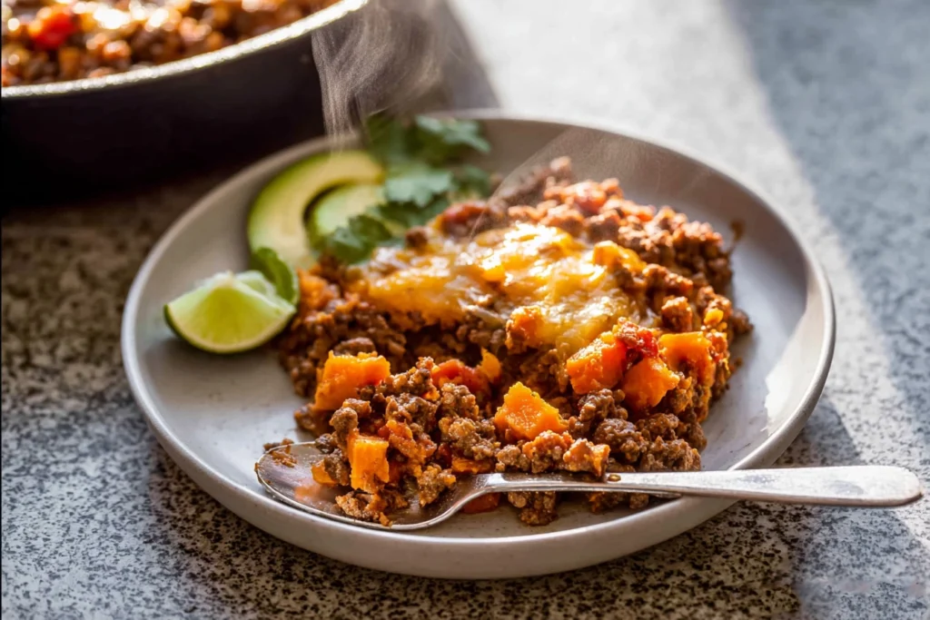 Southwest ground beef sweet potato skillet ready to eat