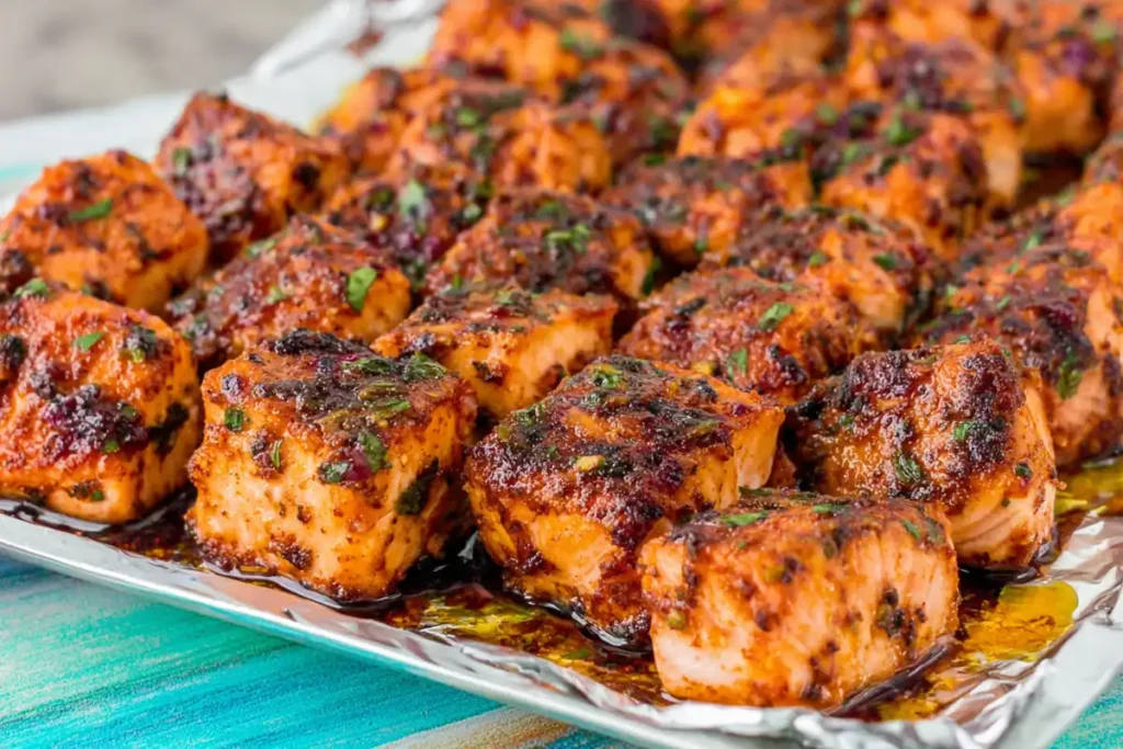 Chipotle honey marinated salmon cubes baking on a foil-lined sheet pan.