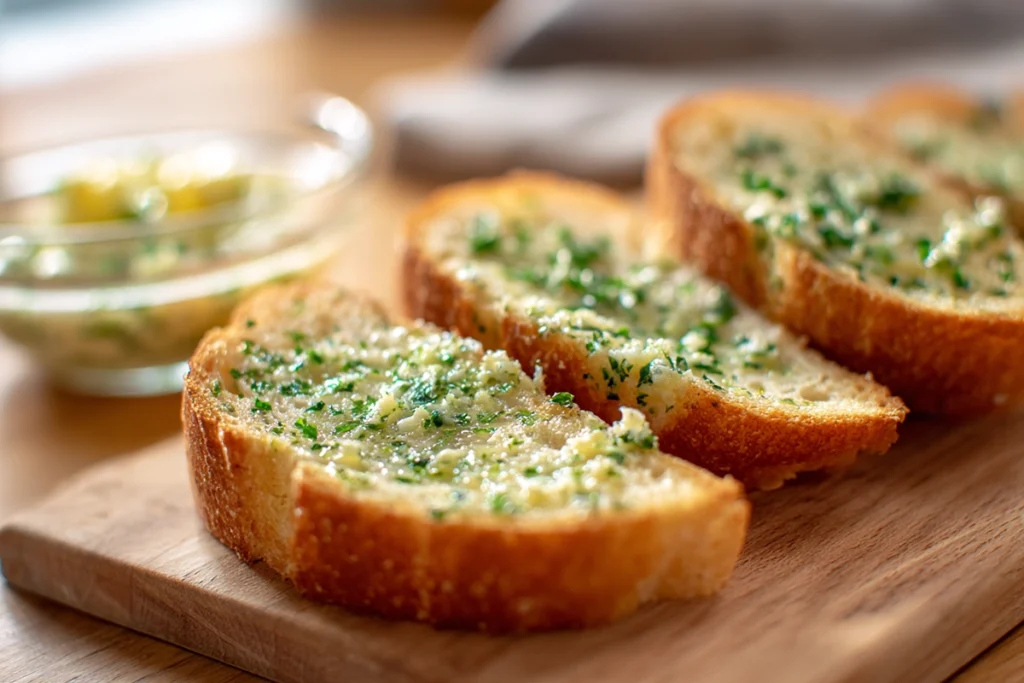 garlic butter spread on bread for shrimp and garlic bread grilled cheese