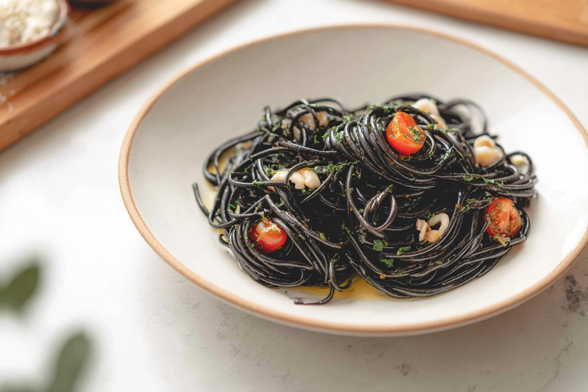 homemade squid ink pasta plated in a modern American kitchen