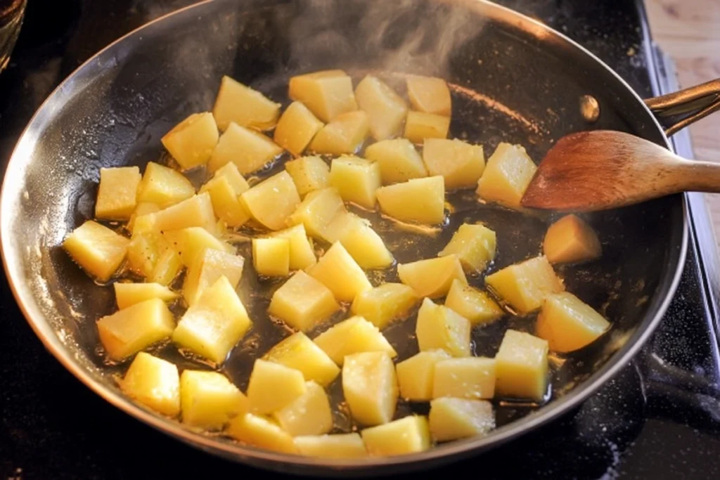 steak bites and potatoes recipe showing potatoes cooking in a skillet