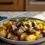 steak bites and potatoes plated with garlic butter in a cozy home kitchen