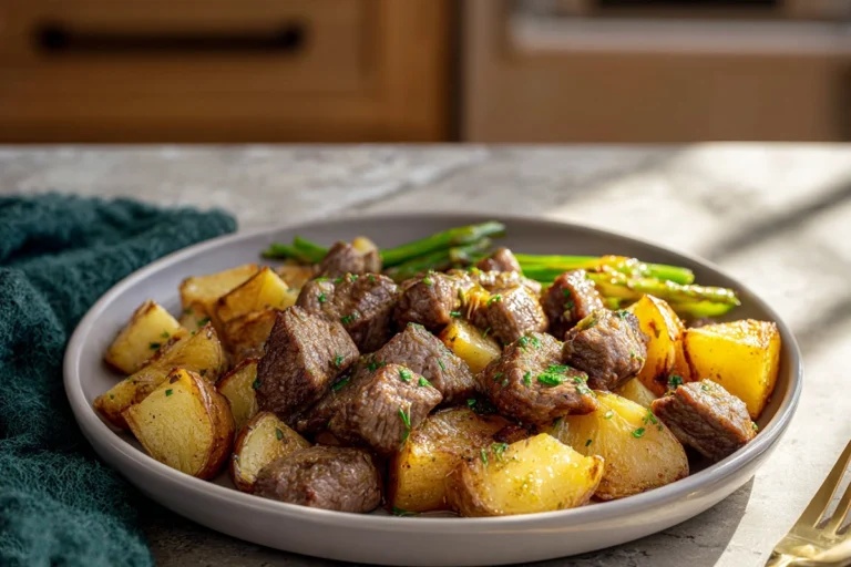 steak bites and potatoes plated with garlic butter in a cozy home kitchen