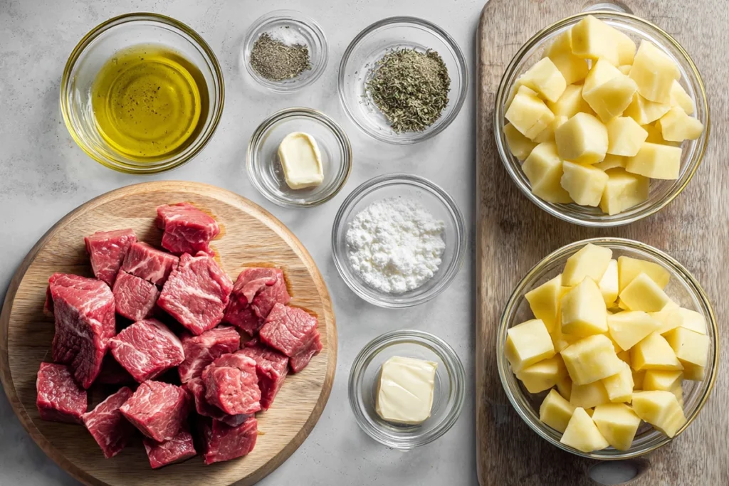 ingredients for steak bites and potatoes arranged overhead on a kitchen counter