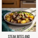 steak bites and potatoes cooked in a skillet for an easy dinner