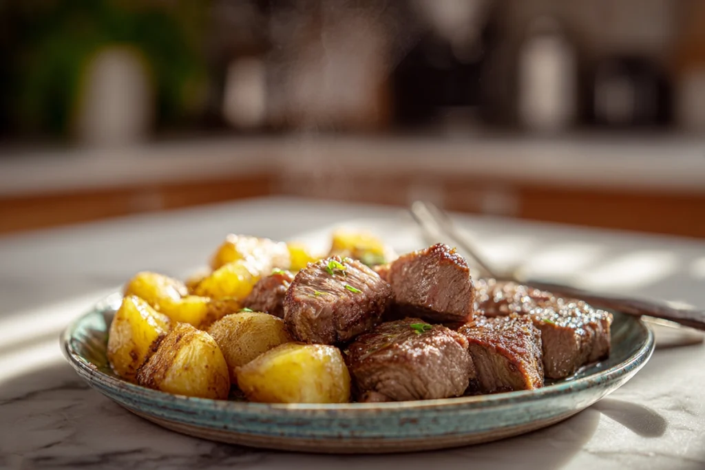 steak bites and potatoes served warm and ready to eat