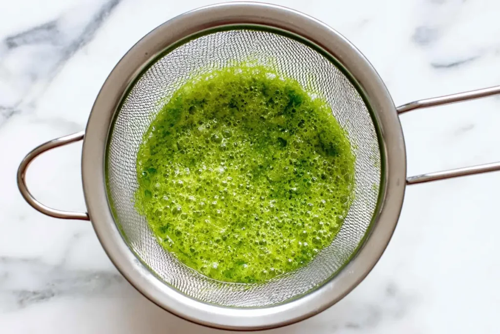 Cucumber Lemonade with Honey for Hot Summer Days 5 Cucumber juice for cucumber lemonade straining through a fine-mesh sieve into a bowl