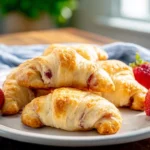 Freshly baked strawberry cheesecake rolls on a white ceramic plate