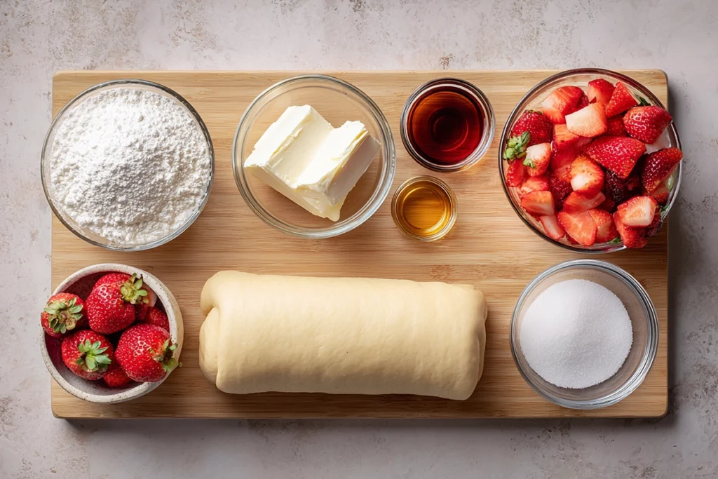 Ingredients for strawberry cheesecake rolls arranged overhead