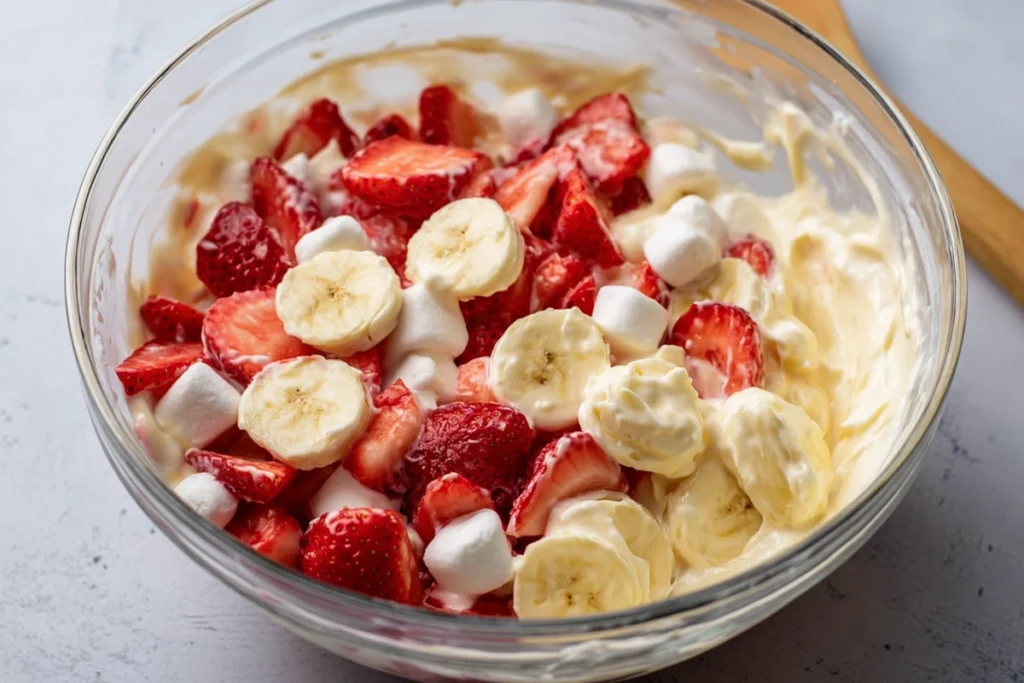 Strawberry Cheesecake Salad That Feels Like a Family Favorite 9 Folding fresh fruit into strawberry cheesecake salad before serving