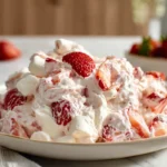 Strawberry cheesecake salad served on a modern ceramic plate in a cozy home kitchen