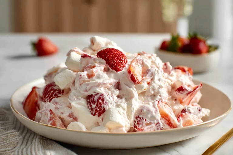 Strawberry cheesecake salad served on a modern ceramic plate in a cozy home kitchen