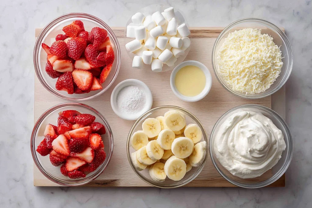 Strawberry Cheesecake Salad That Feels Like a Family Favorite 7 Ingredients for strawberry cheesecake salad arranged neatly on a kitchen counter