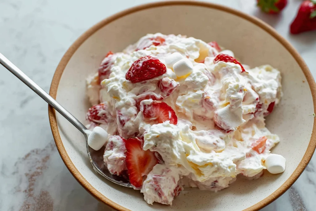 Strawberry Cheesecake Salad That Feels Like a Family Favorite 10 Strawberry cheesecake salad with a spoonful taken, showing creamy texture