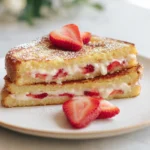 strawberry cheesecake stuffed french toast plated on a ceramic plate in a cozy home kitchen