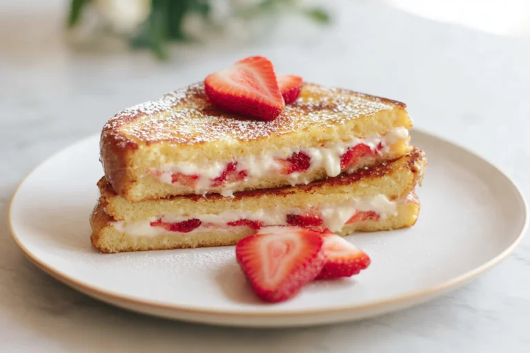 strawberry cheesecake stuffed french toast plated on a ceramic plate in a cozy home kitchen