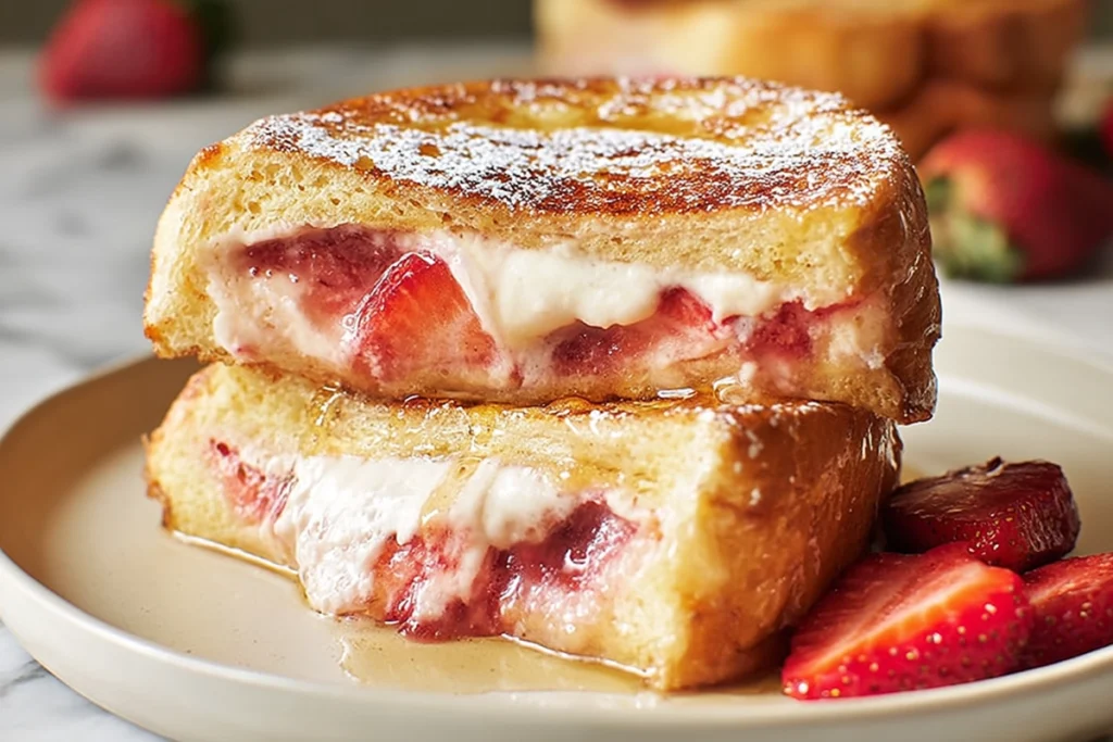 Strawberry Cheesecake Stuffed French Toast That Feels Like a Weekend Treat 8 warm strawberry cheesecake stuffed french toast with creamy center ready to eat